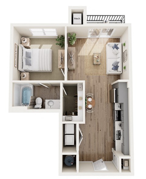 a stylized floor plan with a bedroom and a bathroom